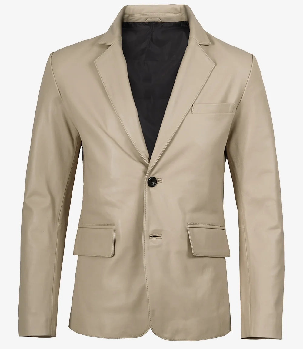 Duke men's beige leather blazer, unbuttoned front view showing lining