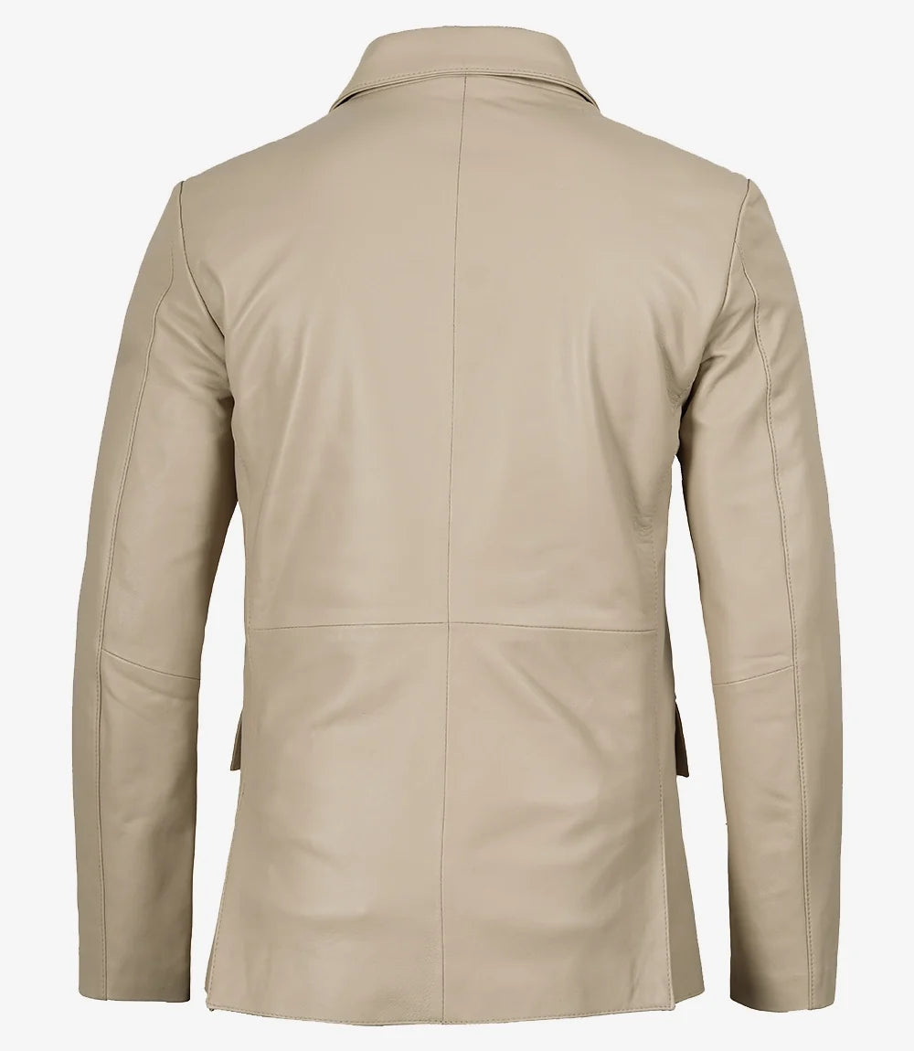 Duke beige leather blazer, two-button close-up detail