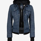 Betty washed blue hooded leather jacket, front view with hood up, genuine leather