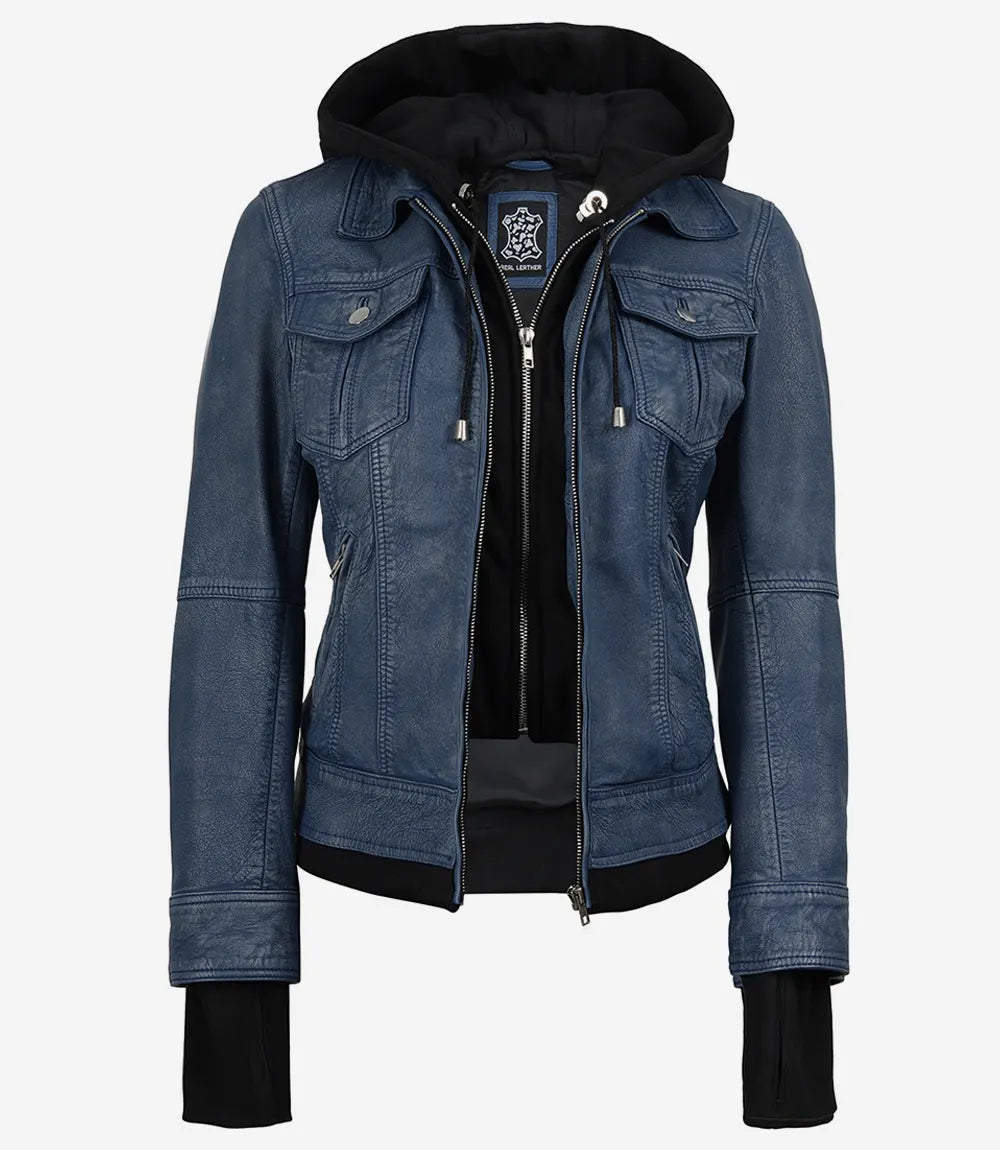 Betty washed blue hooded leather jacket, front view with hood up, genuine leather
