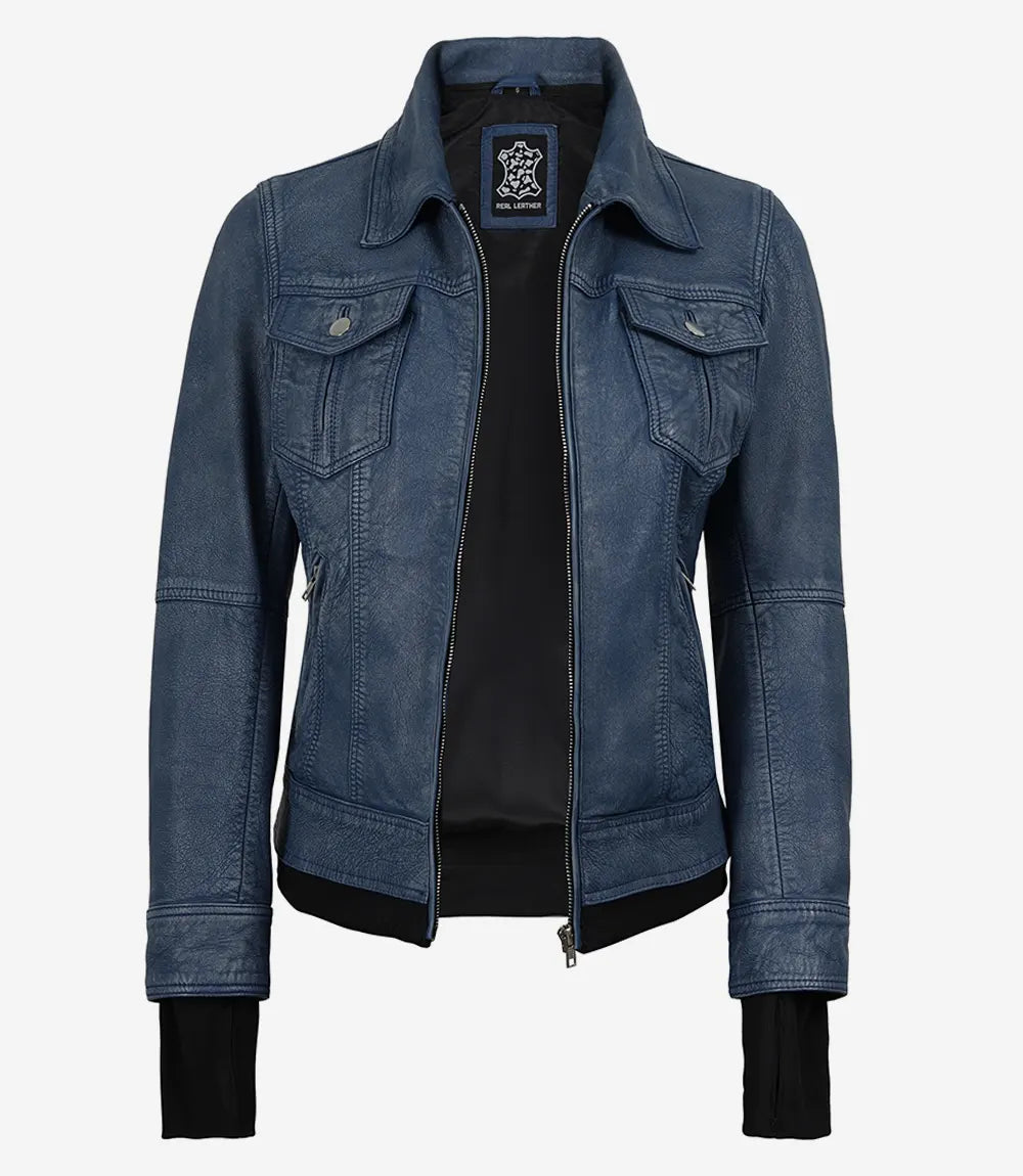 Betty washed blue leather jacket, trucker-style front detail
