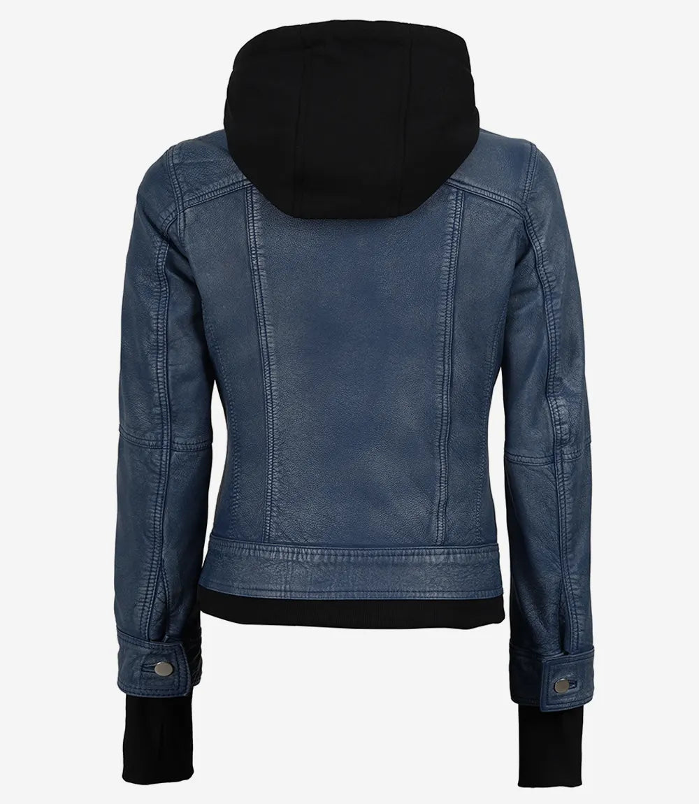 Betty women's blue washed hooded leather jacket, full front view