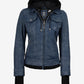 Betty women's washed blue hooded leather biker jacket, front view, zipped up