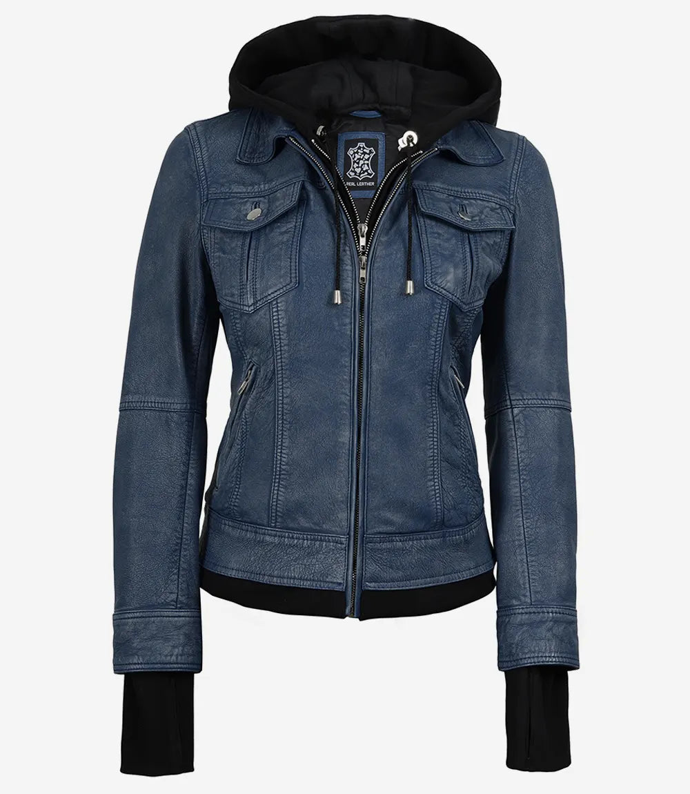 Betty women's washed blue hooded leather biker jacket, front view, zipped up