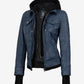 Betty women's washed blue leather jacket, side view showing fitted silhouette