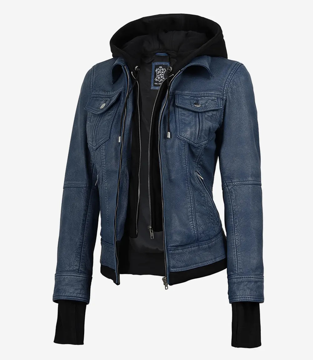 Betty women's washed blue leather jacket, side view showing fitted silhouette