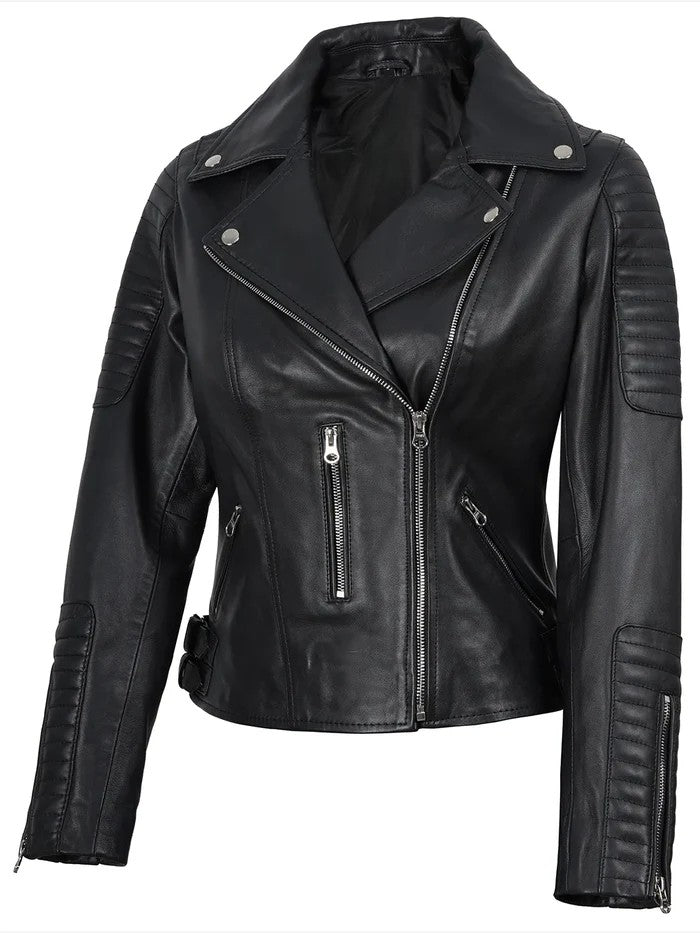 Women’s Quilted Black Leather Biker Jacket – Side Angle