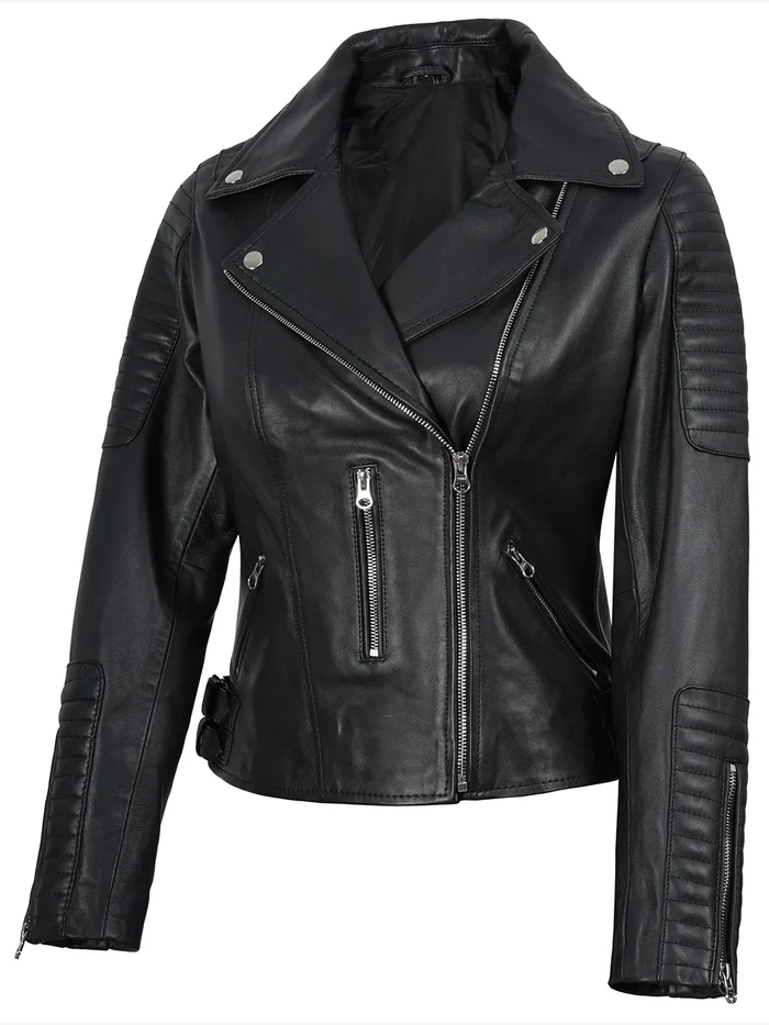 Cruz Women's Black Biker Leather Jacket - Front View