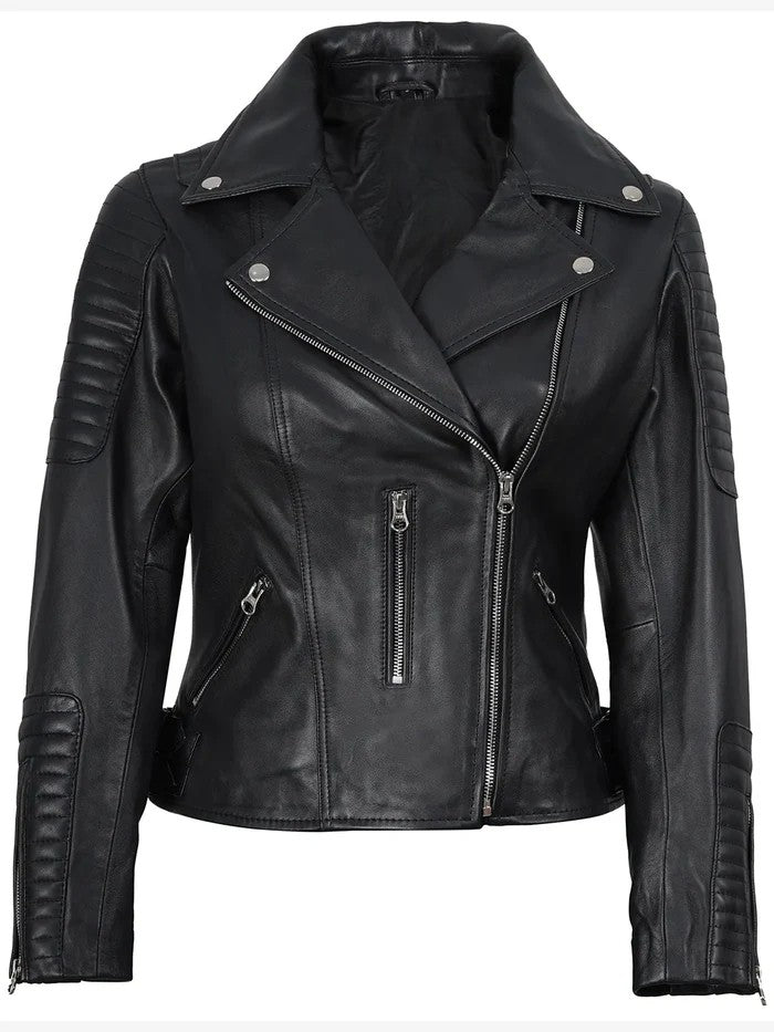 Women’s Quilted Black Leather Biker Jacket – Front View