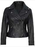 Women’s Quilted Black Leather Biker Jacket – Front View