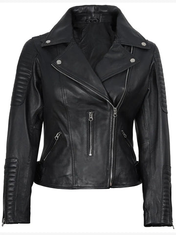 Women’s Quilted Black Leather Biker Jacket – Front View