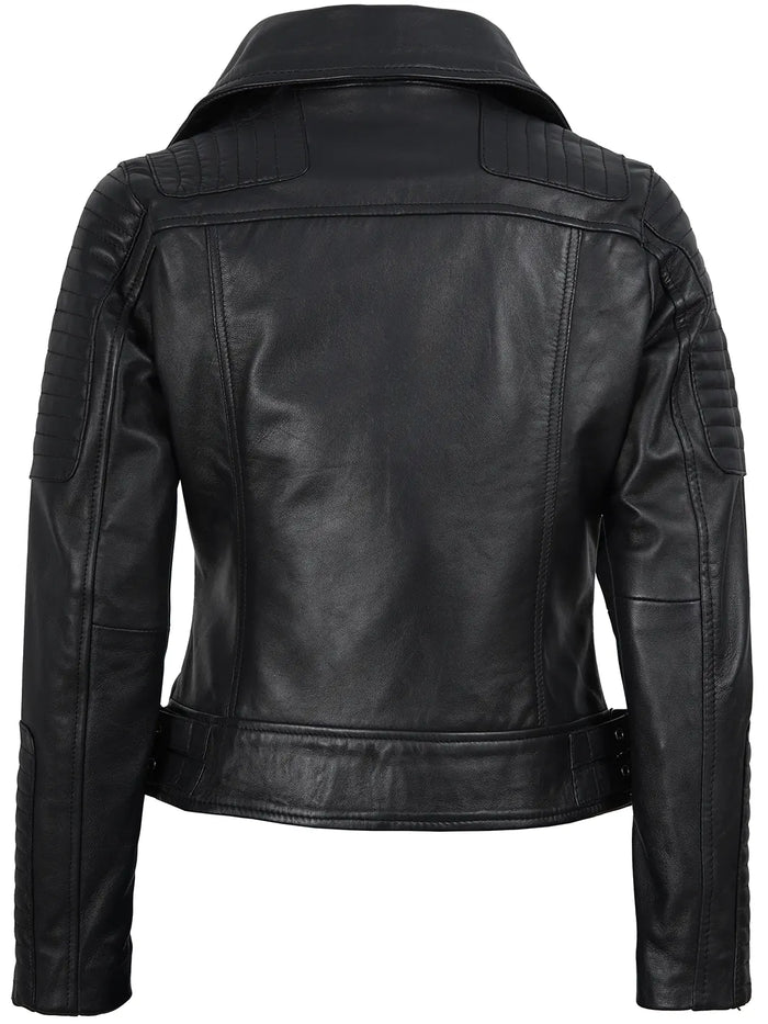 Cruz Women's Black Biker Leather Jacket - Back View