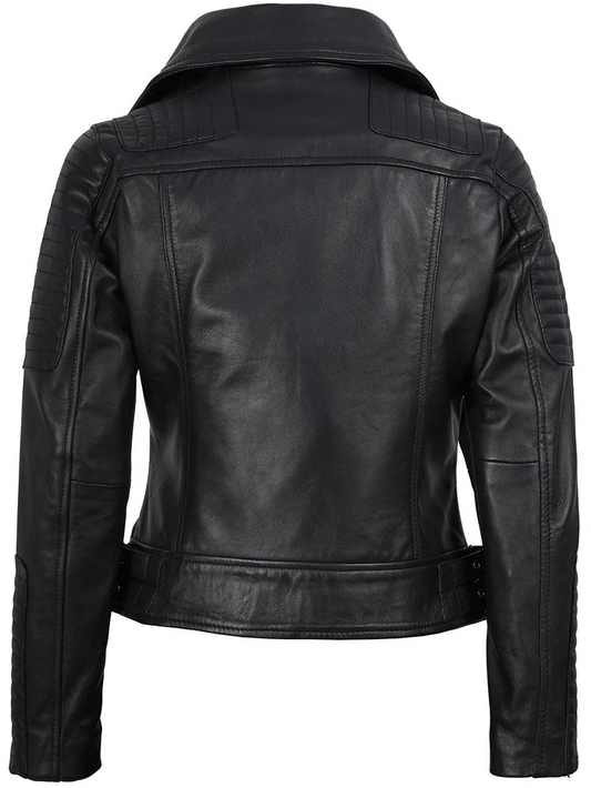Cruz Women's Black Biker Leather Jacket - Back View