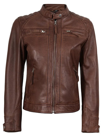 Women’s Brown Leather Biker Jacket – Front View