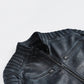 Men's black biker leather jacket, close-up texture detail