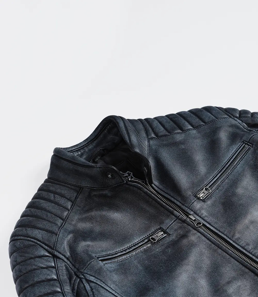 Men's black biker leather jacket, close-up texture detail
