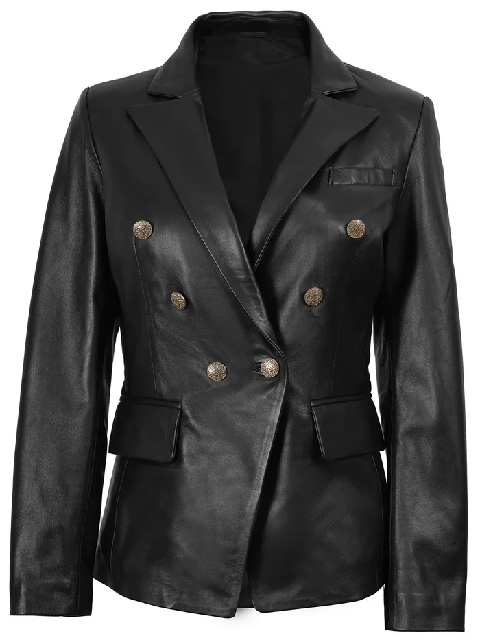 Duchess Women's Black Double-Breasted Leather Blazer - Front Closed View