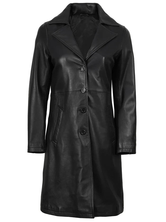 Women’s Black Real Leather Car Coat – Front View