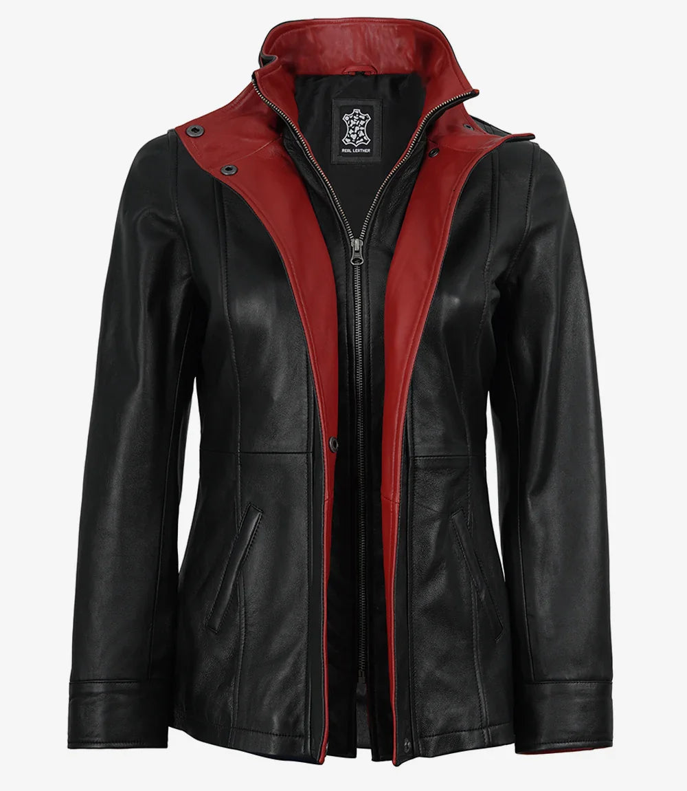 Black leather jacket with red lapel for women by NSM Jackets