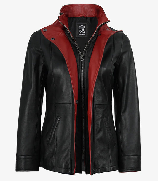 Black leather jacket with red lapel for women by NSM Jackets