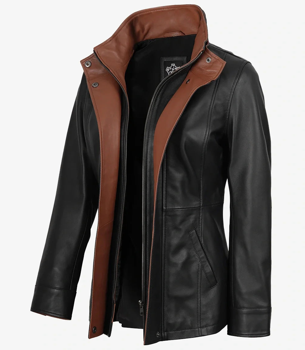Black leather jacket for women by NSM Jackets, front view