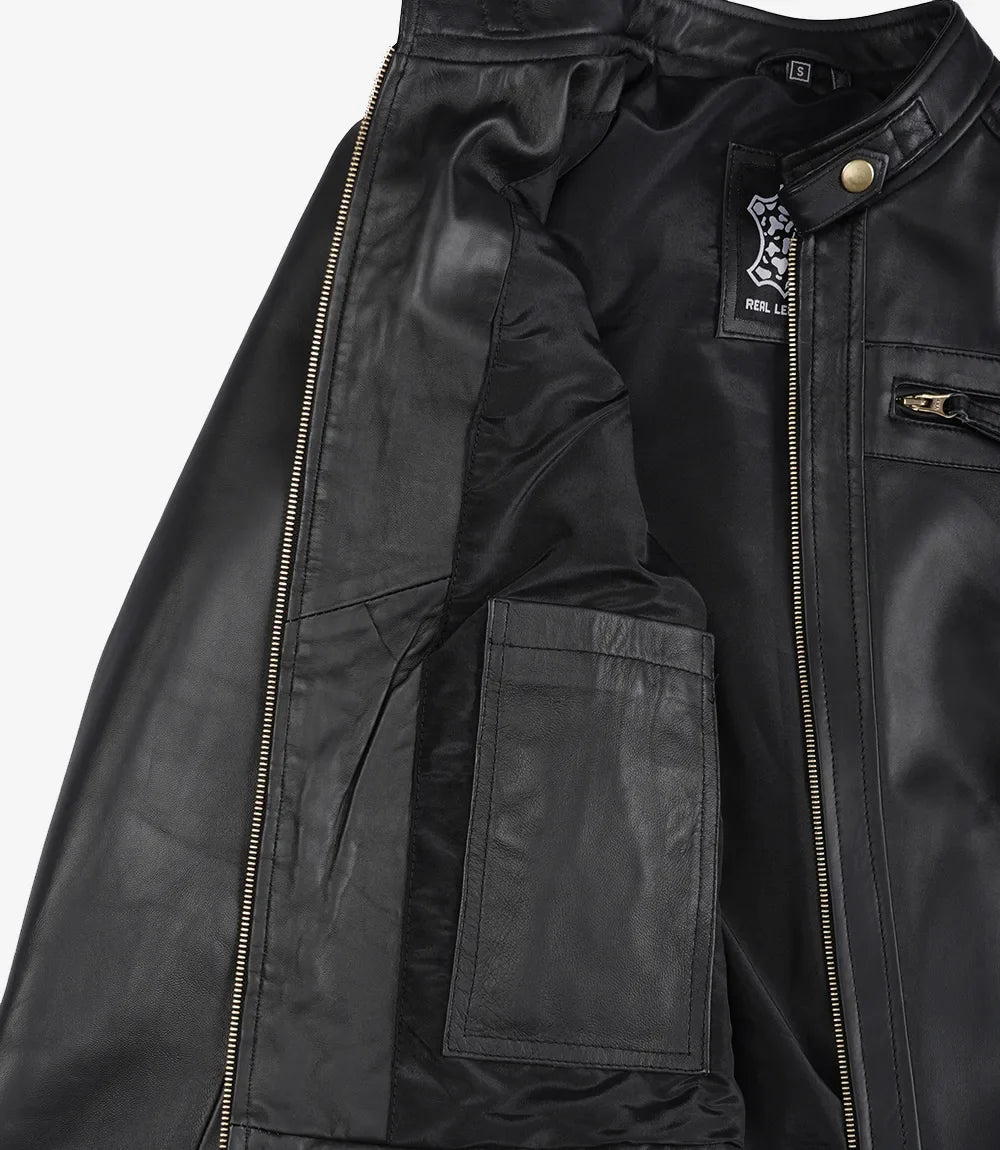 Black leather jacket for women, chest zip pocket detail