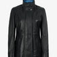 Black and blue biker style jacket for women, side view