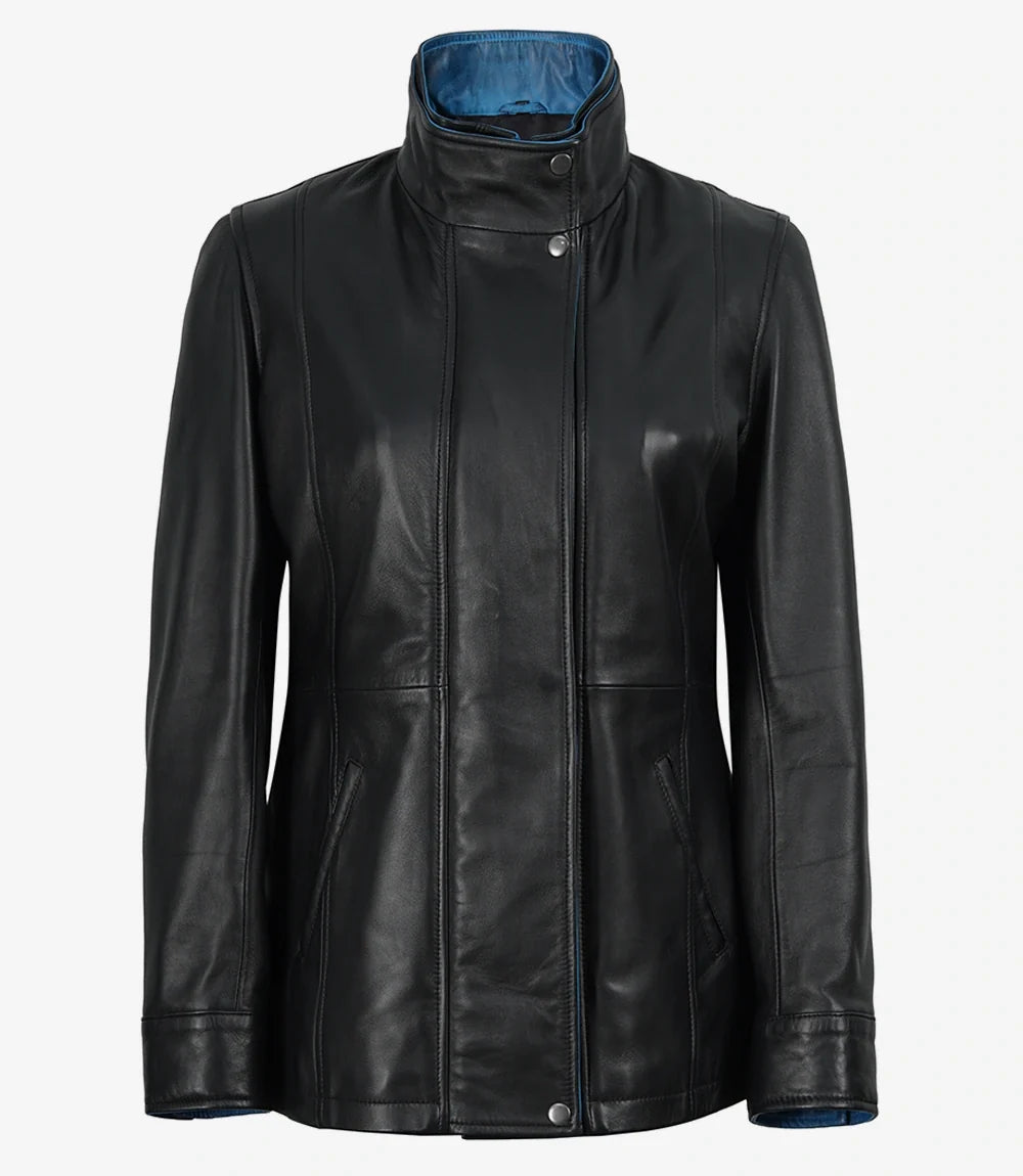 Black and blue biker style jacket for women, side view