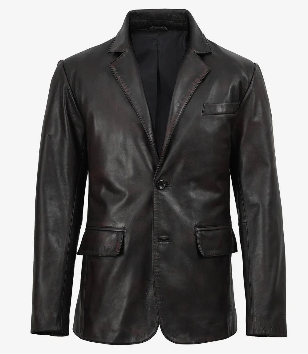 Duke black leather blazer for men, tailored fit front view