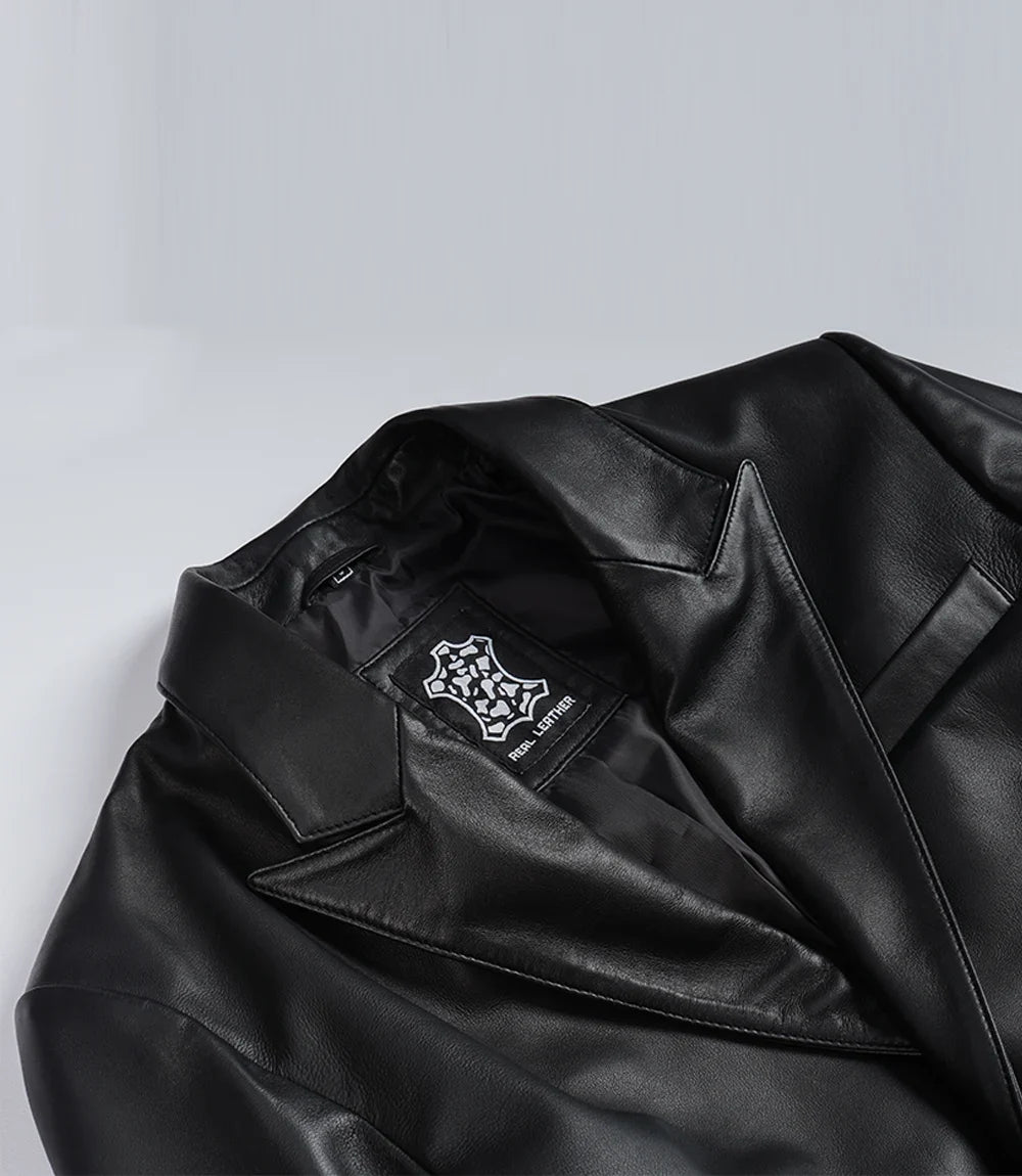Baron peak lapel black leather blazer for men, tailored fit