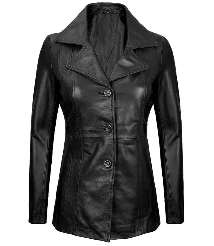 Women’s Black Leather Blazer – Front View