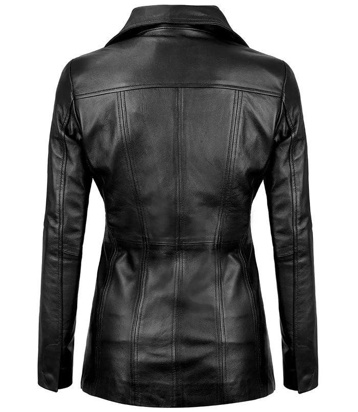 Blair Women's Black Leather Blazer - Front Closed View