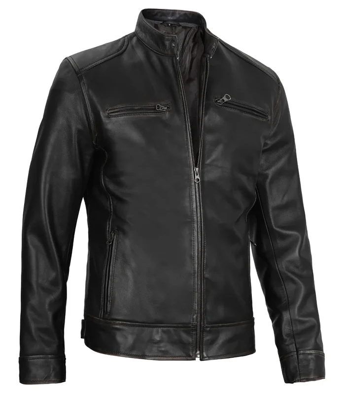 Men’s Black Leather Café Racer Jacket – Angled Front | NSM Jackets