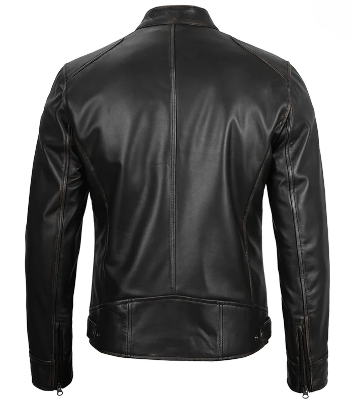 Rogue Men's Black Vintage Cafe Racer Leather Jacket - Detail View