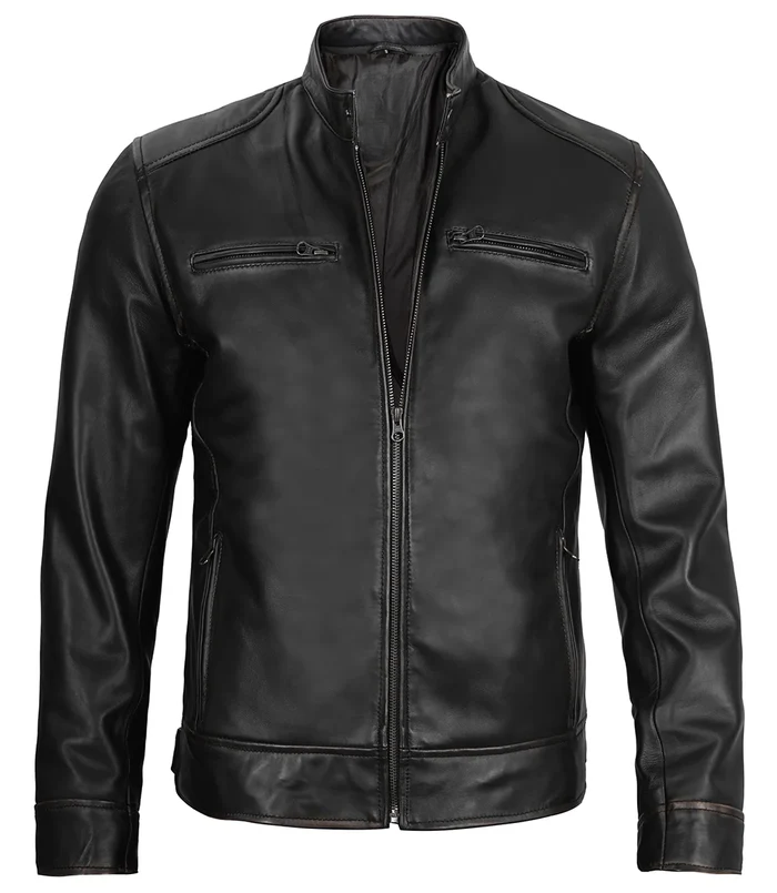 Men’s Black Café Racer Leather Jacket – Front View | NSM Jackets