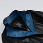 Skye black leather jacket for women, blue lapel trim close-up