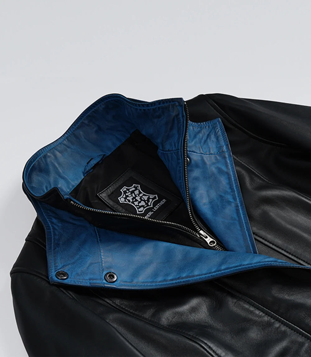 Skye black leather jacket for women, blue lapel trim close-up