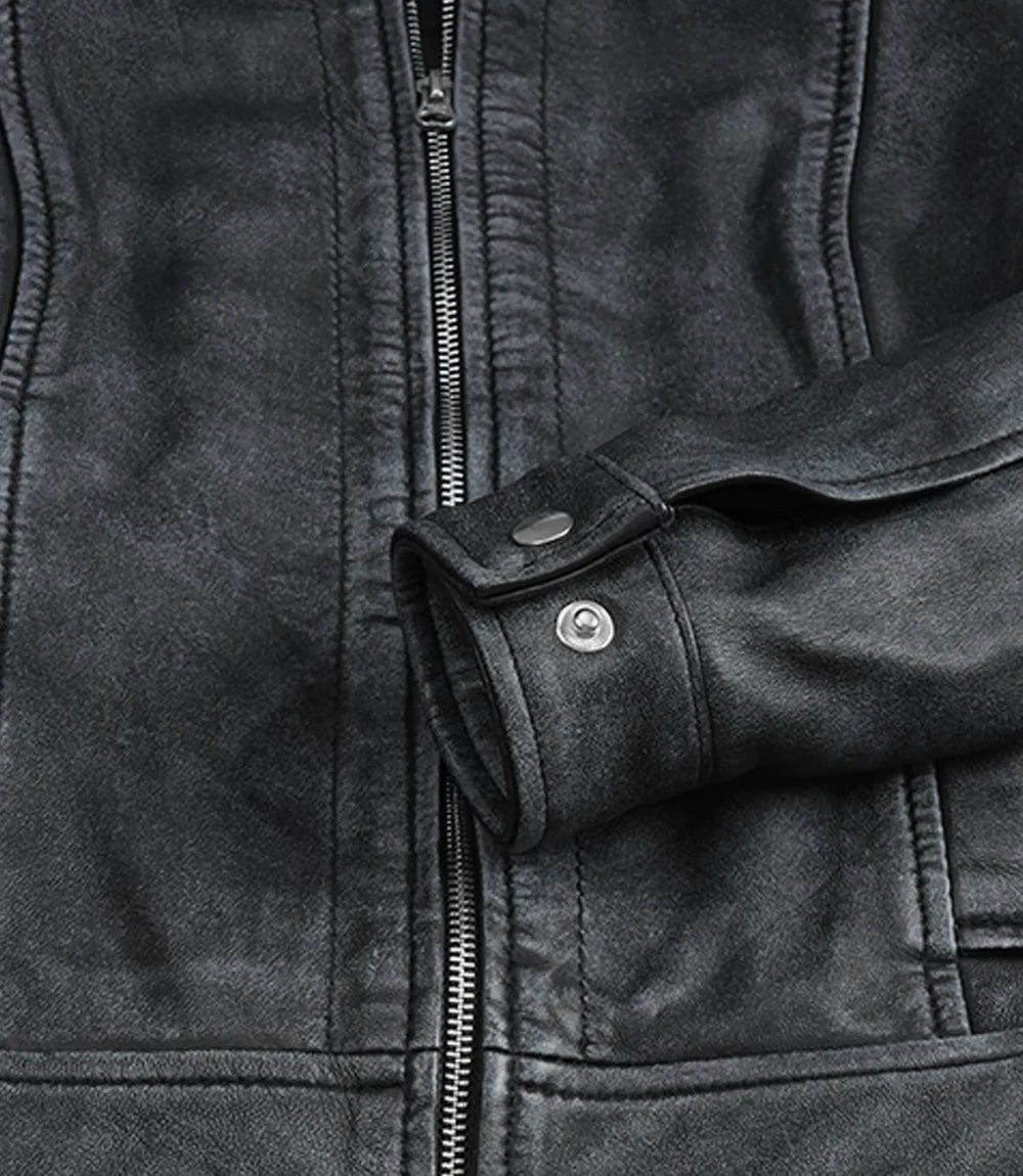 Black leather jacket washed finish, panel seam detail