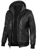 Black Leather Jacket with Removable Hood – Detail & Hood Design | NSM Jackets