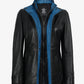 Skye women's black leather jacket, front view unzipped