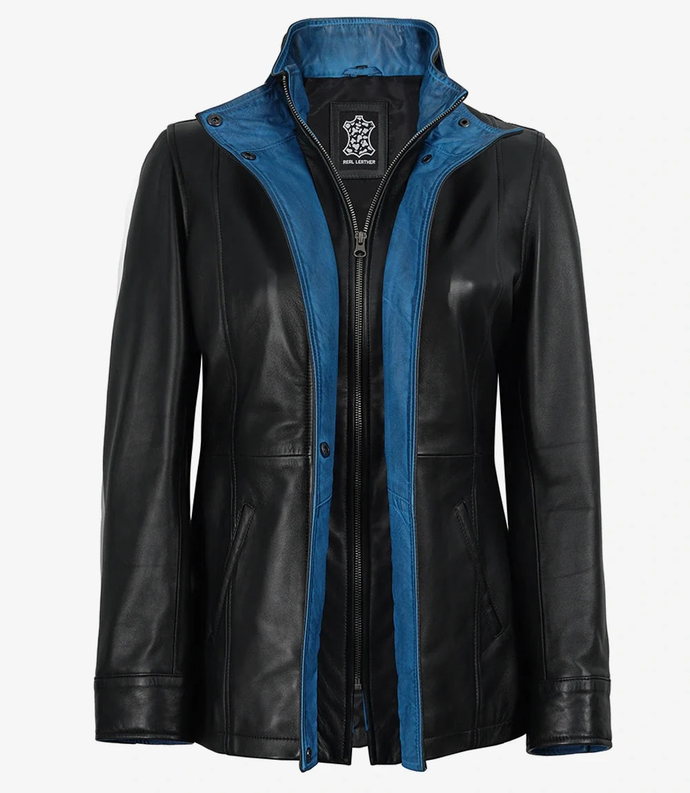Skye women's black leather jacket, front view unzipped