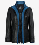 Skye women's black leather jacket, front view unzipped