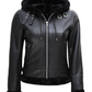Ace Women's Black Hooded Shearling Biker Jacket - Side View