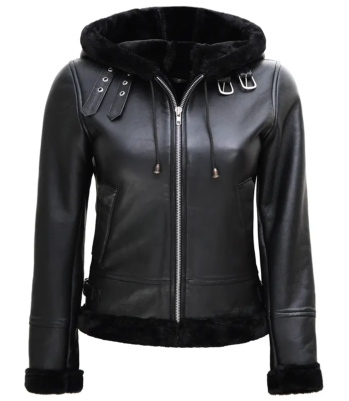 Ace Women's Black Hooded Shearling Biker Jacket - Side View
