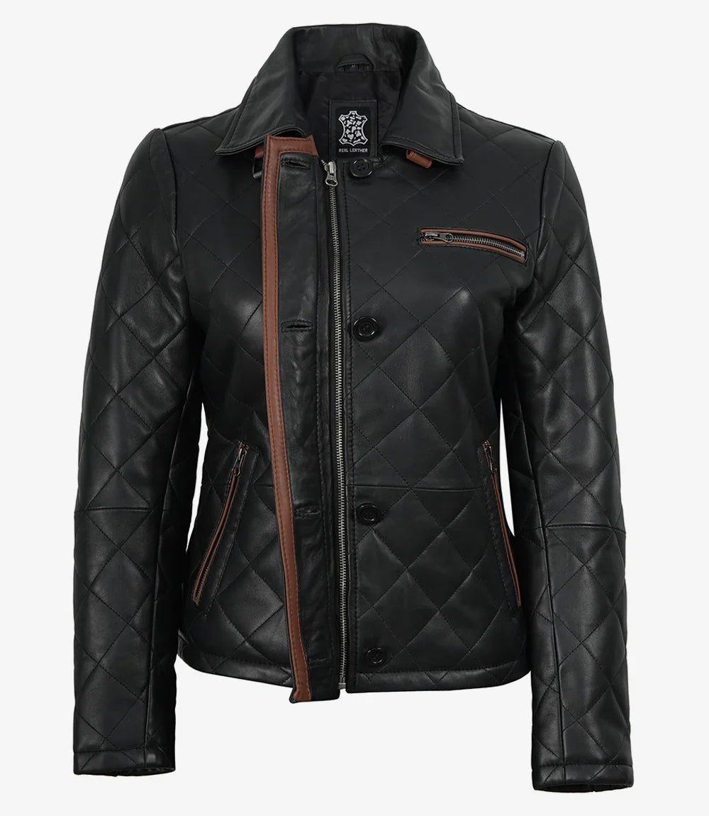Marlowe women's black quilted leather jacket, front view
