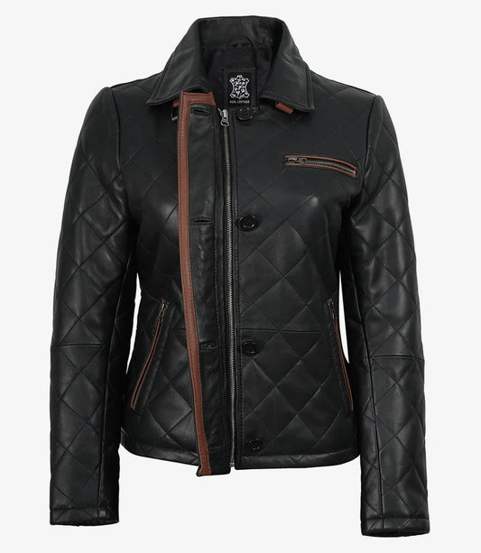 Marlowe women's black quilted leather jacket, front view