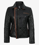 Marlowe women's black quilted leather jacket, front view