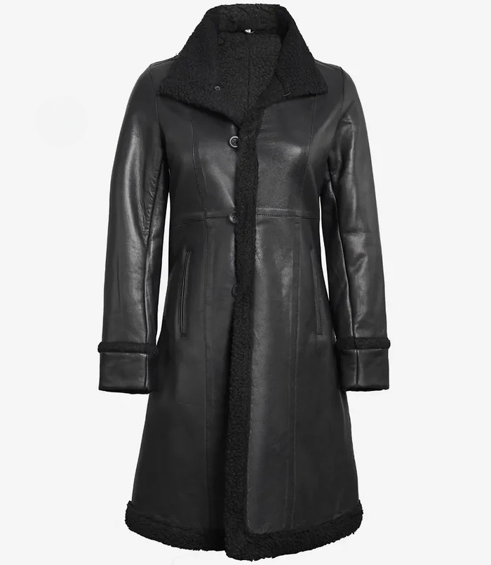 Winter Women's Black Shearling Leather Coat - Side View