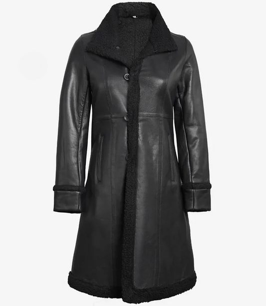 Winter Women's Black Shearling Leather Coat - Side View