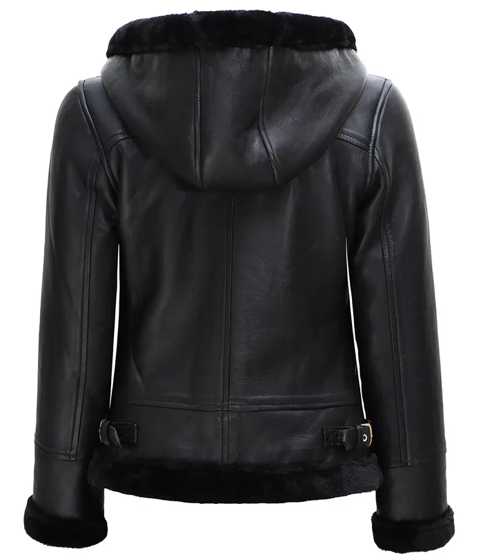 Ace Women's Black Hooded Shearling Biker Jacket - Front Open View